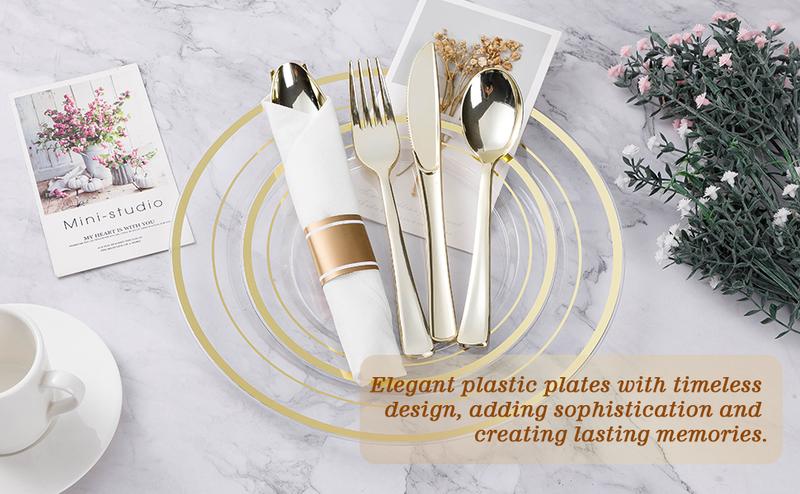 GOODLUCK 175PCS Clear Gold Plastic Dinnerware Set Disposable Party Plates for 25 Guests Includes 50 Plates 25 Pre Rolled Napkins with Silverware 25 Cups Dessert Plate Christmas Disposable Gold Cutlery