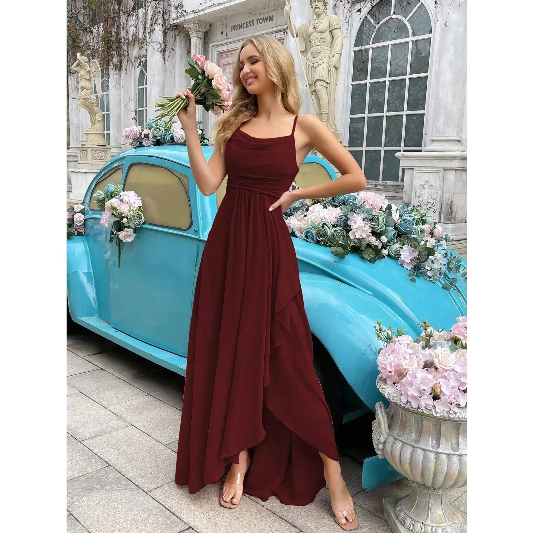 Elegant Simple Women Wedding Formal Dress Summer Bridesmaid Gown For Weddings, Guest, Dinner, Formal Events, Engagement Party, Lawn Wedding Solid Color Cowl Neck Asymmetric Hem Halter Bridesmaid Long Dresses