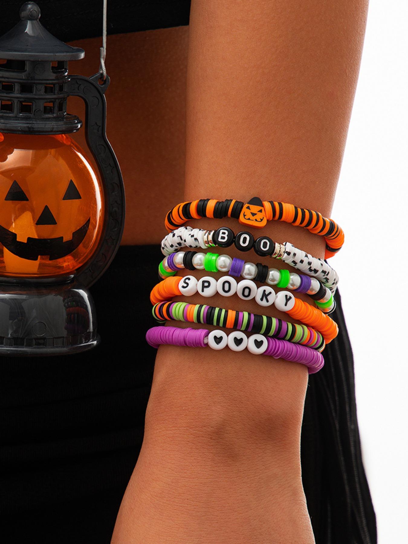 Halloween Party Gift Set, 6-Piece Colorful Soft Clay Bracelets, Acrylic Letter Pumpkin Ghost Design, Holiday Jewelry Accessories