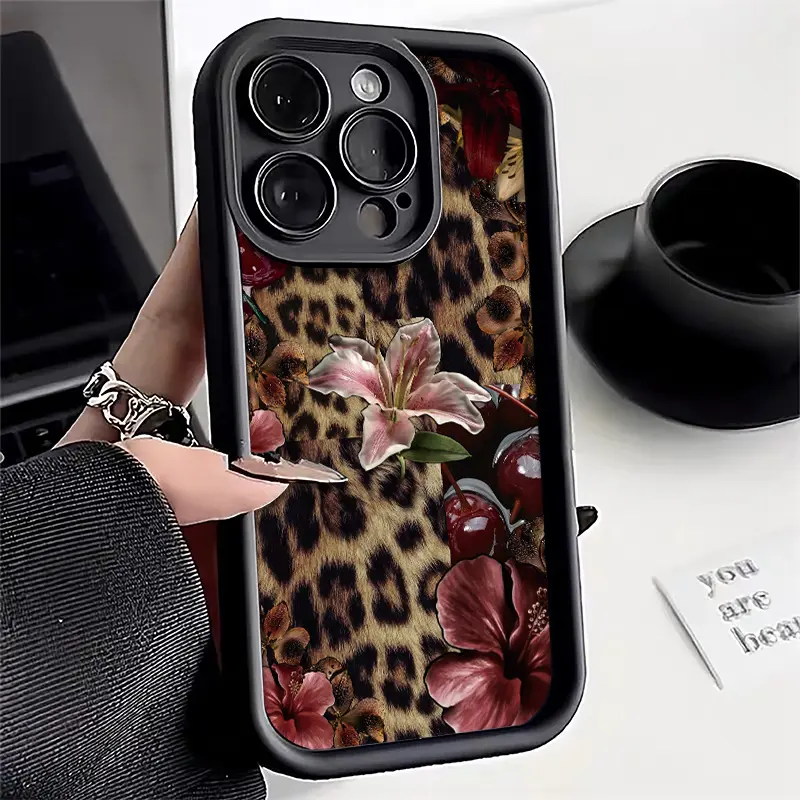 Phone Case: Stylish Leopard Print Rose Cherry Pattern TPU Material Phone Protective Cover for iPhone 17 Pro Max/16e/15/14/13/12/11/XS Shockproof Mobilephone Protective Cover, Stylish Protective Soft Case, Ideal Birthday Gift.