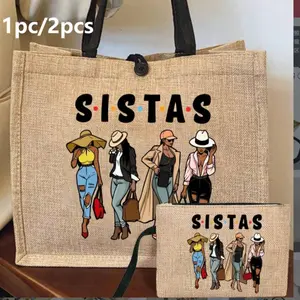 Fashion Women's Printed Handbag Set, Gift for Sister, Lightweight Canvas Shopping Bag, Portable Travel Beach Bag with Makeup Bag, Multifunctional Portable Bag, Lightweight Tote Bag, Everyday Bags