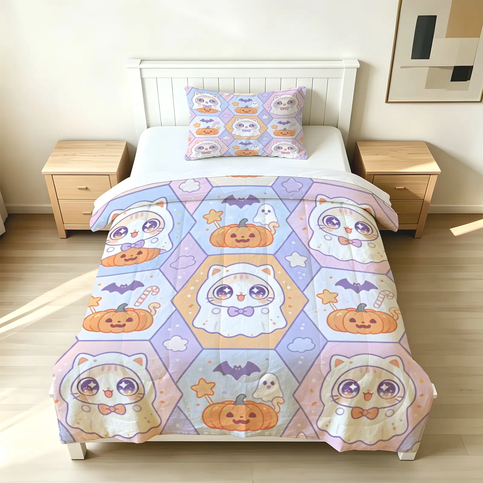 3pcs (1 comforter + 2 pillowcases) Halloween Themed Bedding Set, Cute Ghost Cat Pumpkin Bat Print Ultra Soft Microfiber Quilt Set, Wrinkle & Fade Resistant Easy-Care Bed Set for Bedroom Dorm Home Decor
