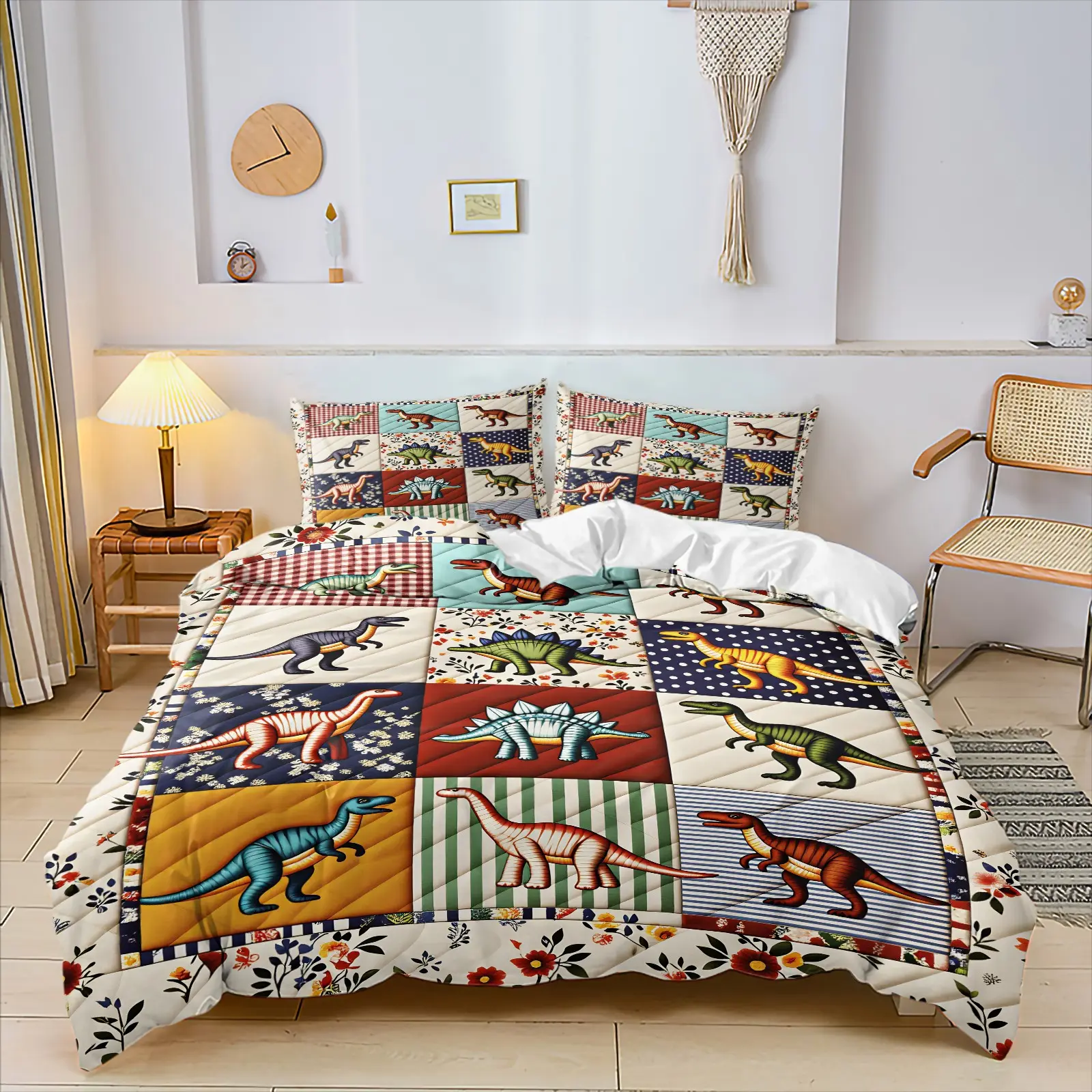 Retro Patchwork Dino Themed Duvet Cover Set, Include 1 Quilt Cover and 1/2 Pillowcases without Core, Multi-Color Block Floral Border Cartoon Dinosaur Pattern Comforter Cover, Nostalgic Bedroom Decor Gift for Dino Enthusiasts