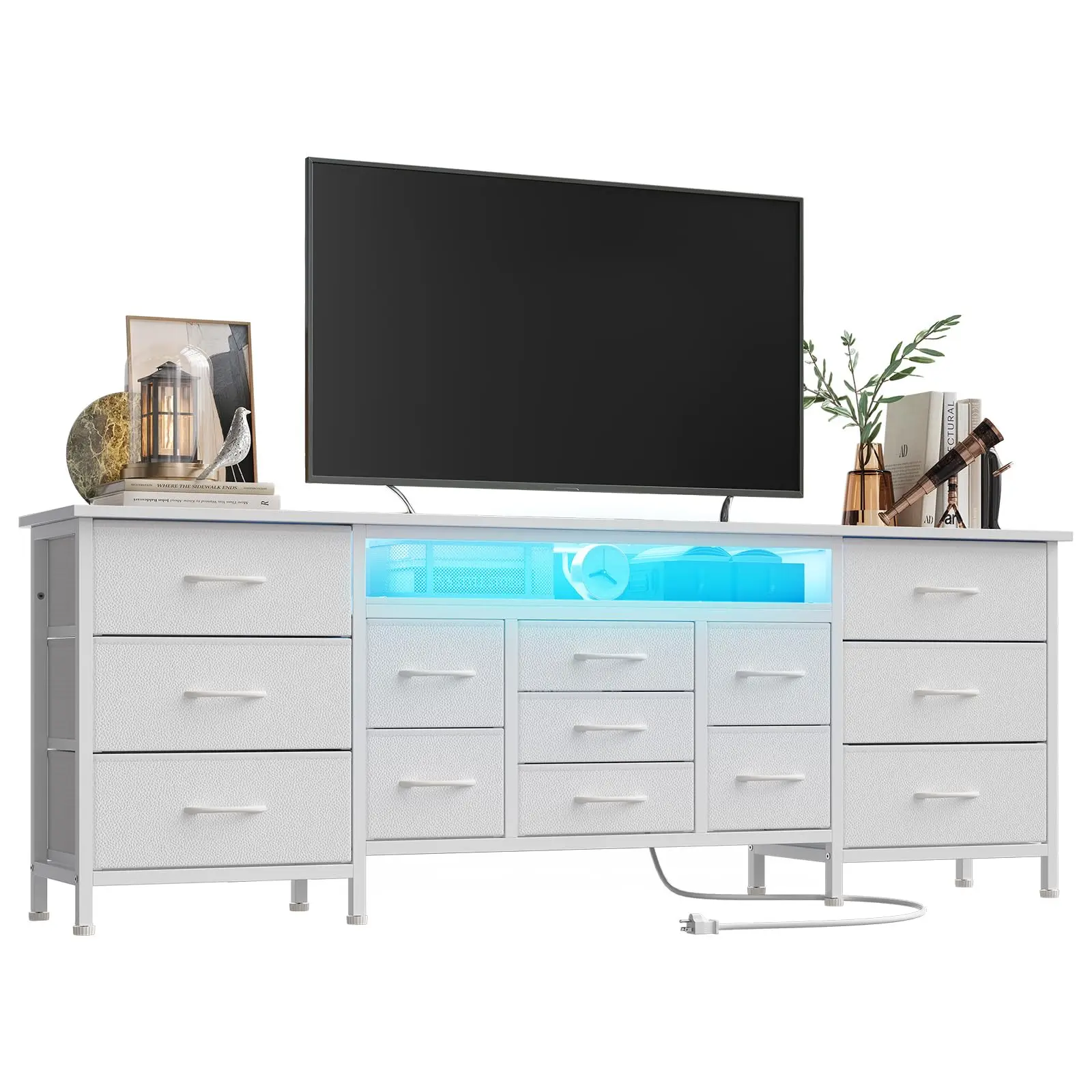 Garvee 70 Inch TV Stand Dresser for 65-80 Inch Screens, Entertainment Center Featuring 13 Fabric Drawers, Built-in Power Outlets and LED Lights, Spacious Storage Cabinet Ideal for Bedroom or Living Room