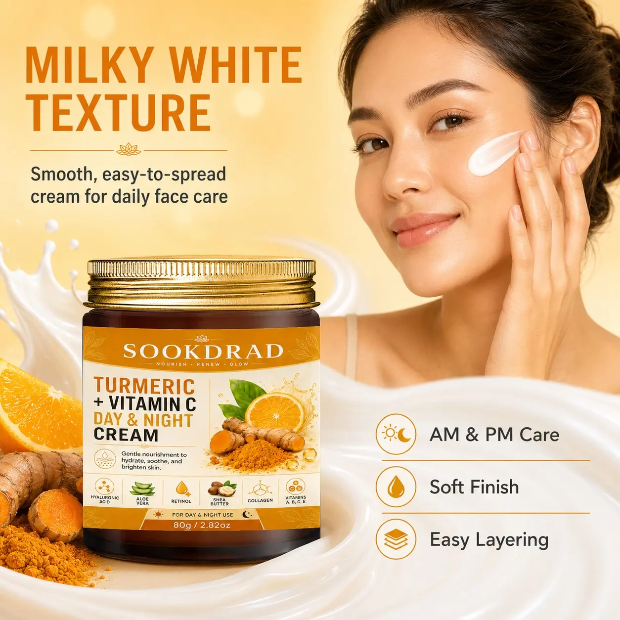 Turmeric Vitamin C Day Night Cream, Hyaluronic Acid, Aloe Vera, Retinol, Shea Butter, Collagen, Vitamins A B C E, Hydrate, Soothe, Brighten Skin, All Skin Types, 80g