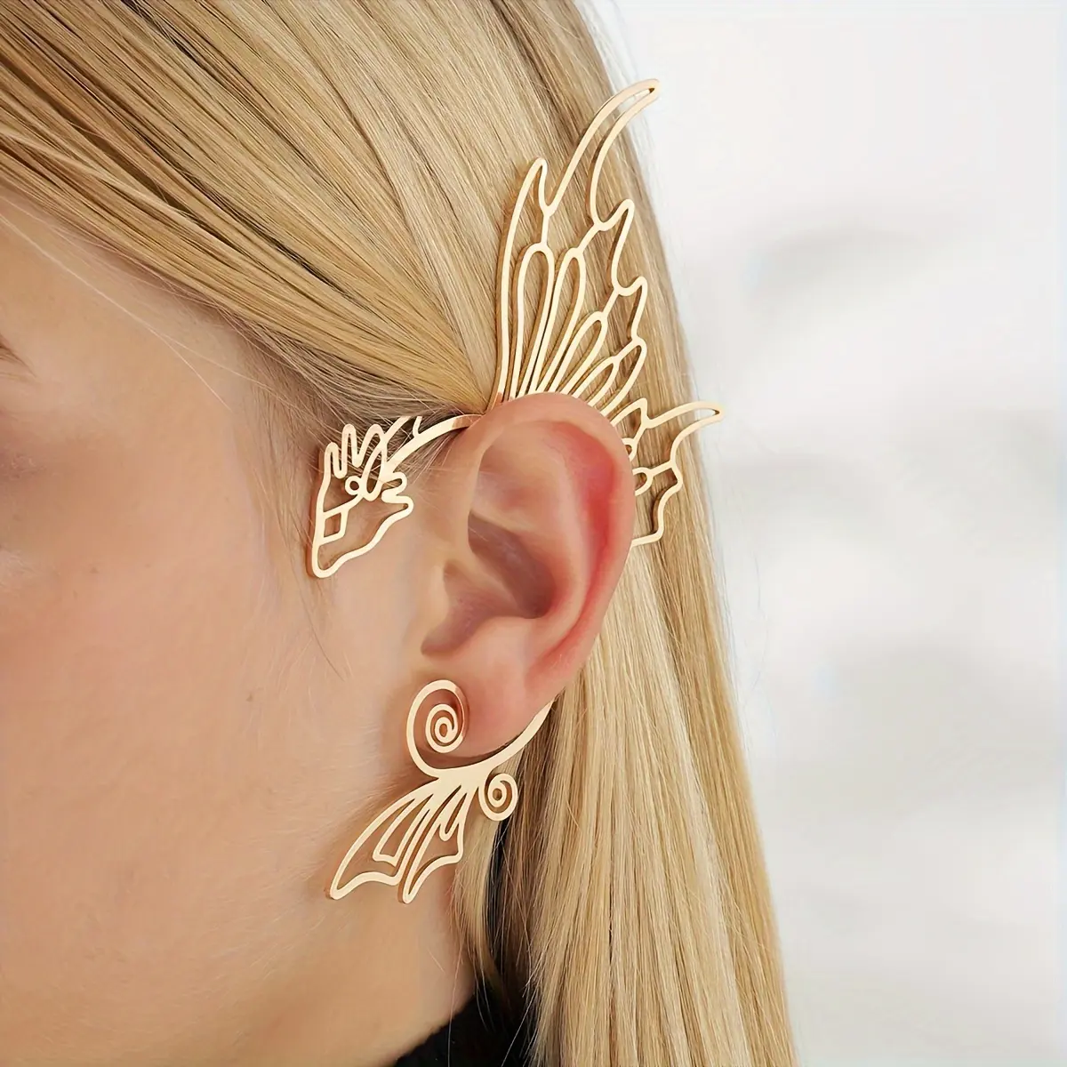 Fashionable and creative hollow-out dragon-shaped metal exaggerated ear cuff for non-pierced ears