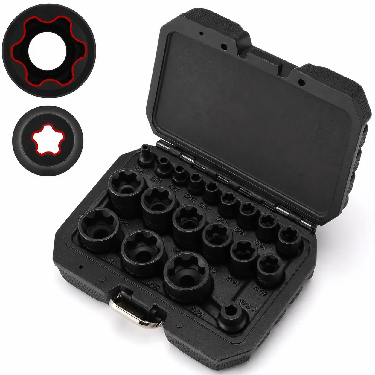 19PCS E Torx Plus Socket Set (EP), External Torx Female 6-Point Sockets, 1/4" 3/8" 1/2" Drive, Auto Repair Tool Kit Socket Wrenches for Tesla & More