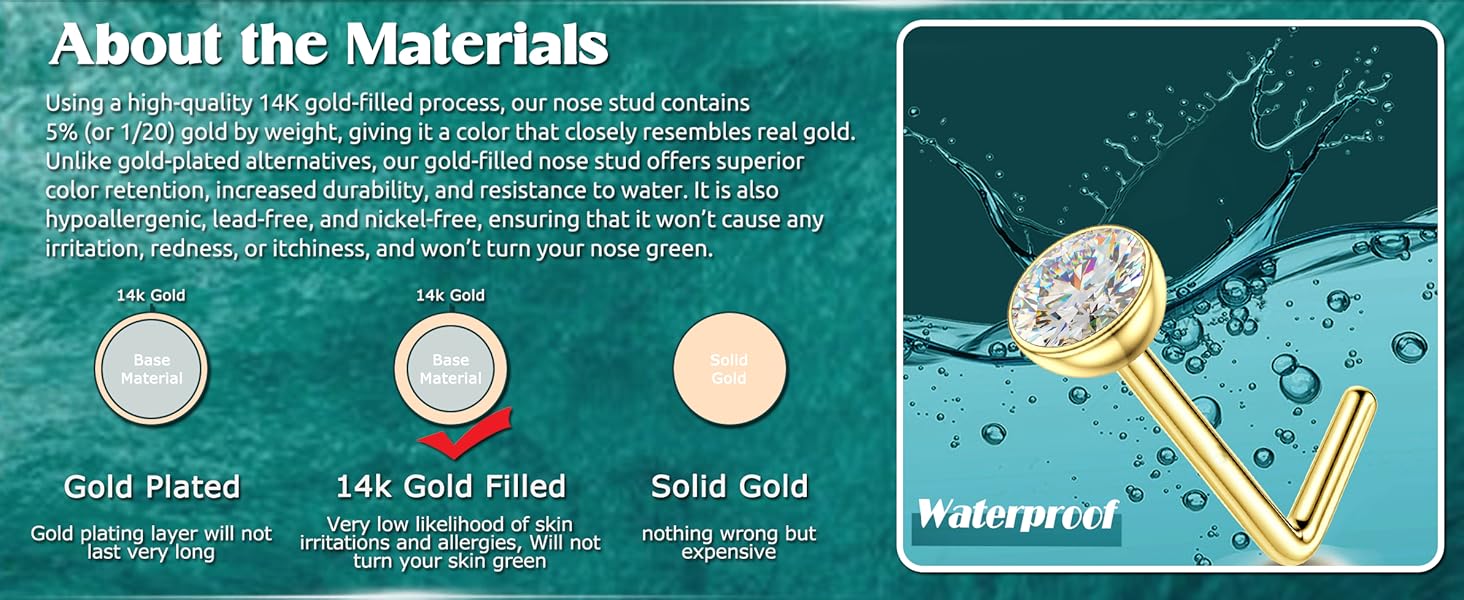 BESTEEL 14K Gold Plated Nose Ring Studs 20G Nose Rings Hoops Stud 316L Stainless Steel Nose Rings Round CZ Heart Simulated Diamond L Shaped Nose Stud Hypoallergenic Nostril Piercing Jewelry for Women Men 10Pcs