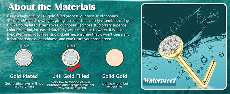 BESTEEL 14K Gold Plated Nose Ring Studs 20G Nose Rings Hoops Stud 316L Stainless Steel Nose Rings Round CZ Heart Simulated Diamond L Shaped Nose Stud Hypoallergenic Nostril Piercing Jewelry for Women Men 10Pcs