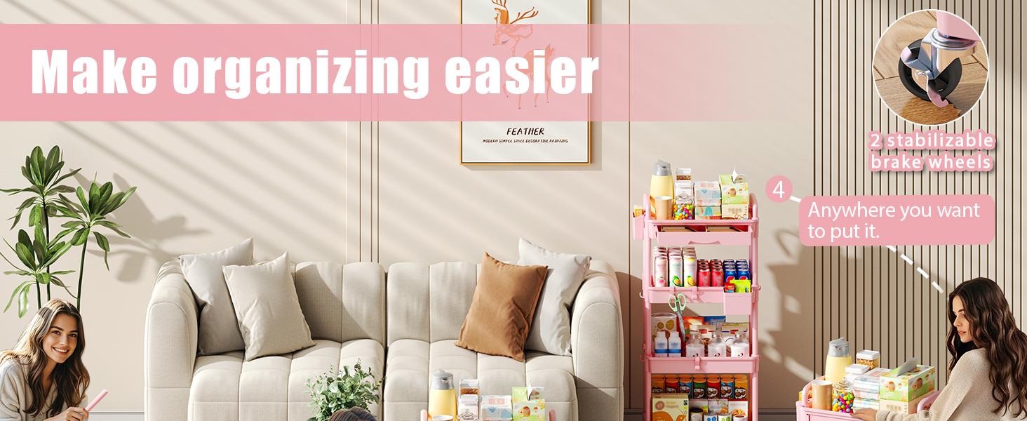 3 Tier Rolling Utility Cart Organizer with Removable Drawer, Stable and Sturdy Pink Rolling Storage Carts with 2 Lockable Wheels for Bathroom, Kitchen, Snack, Craft, Makeup, Baby Essentials