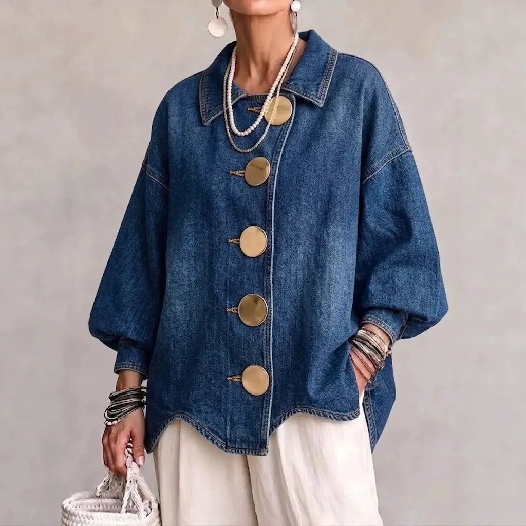 Women's Oversized Denim Jacket Vintage Large Button Down Long Lantern Sleeve Shacket Casual Fall Transition Outerwear Slouchy Boho Chic Everyday Trendy Clothes