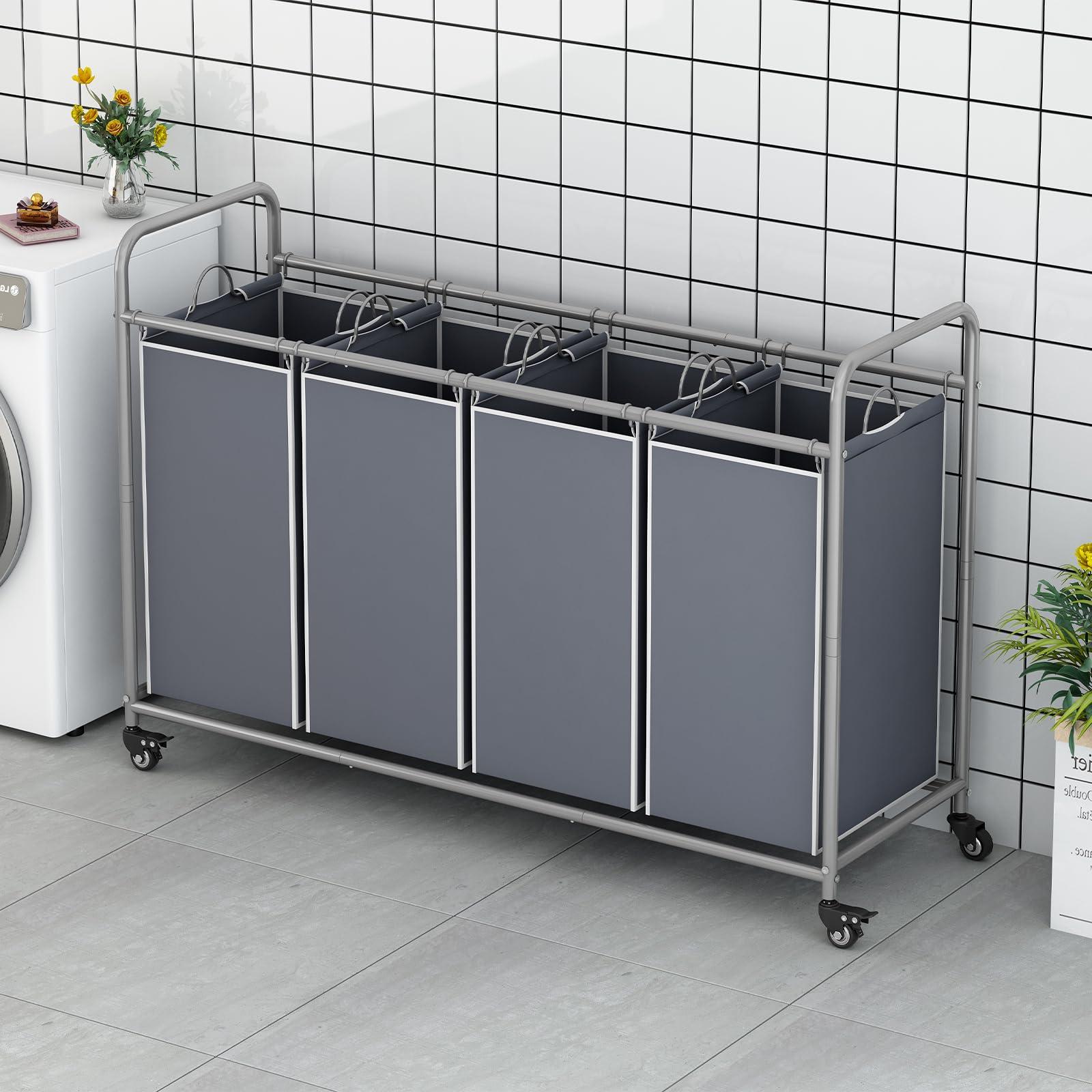 4 Bag Laundry Basket Sorter Laundry Hamper Cart with Heavy Duty Rolling Lockable Wheels and Removable Bags Organiser