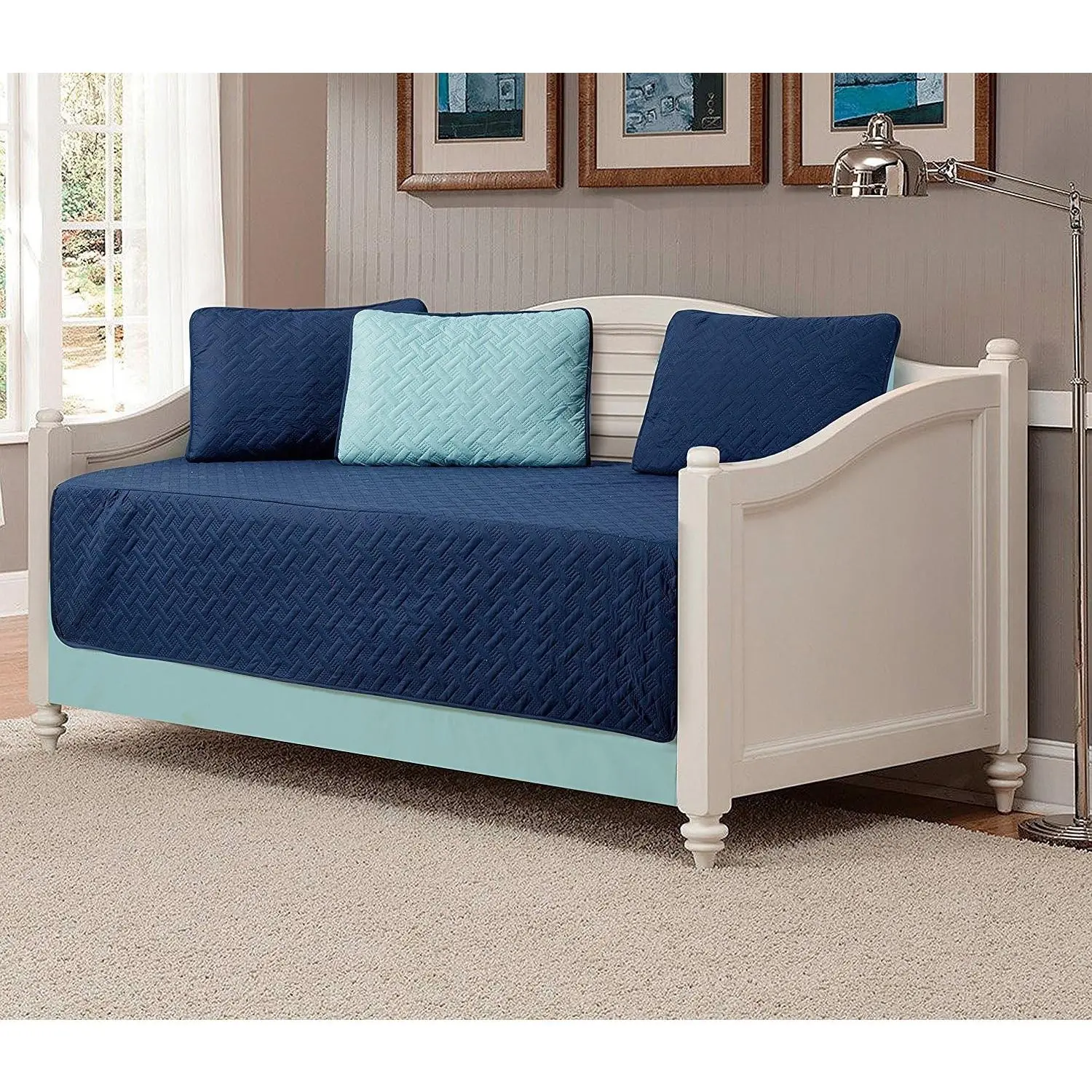5pc Daybed Cover Solid Embossed Bedspread New (Navy Blue/Light Blue)