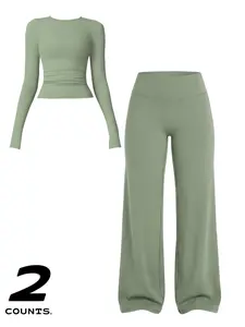 Women's Two-Piece Set Long Sleeve Top + High Waist Wide Leg Pants, Activewear Set, Breathable Sports, Yoga Gym Running, Spring Summer Fitness Wear