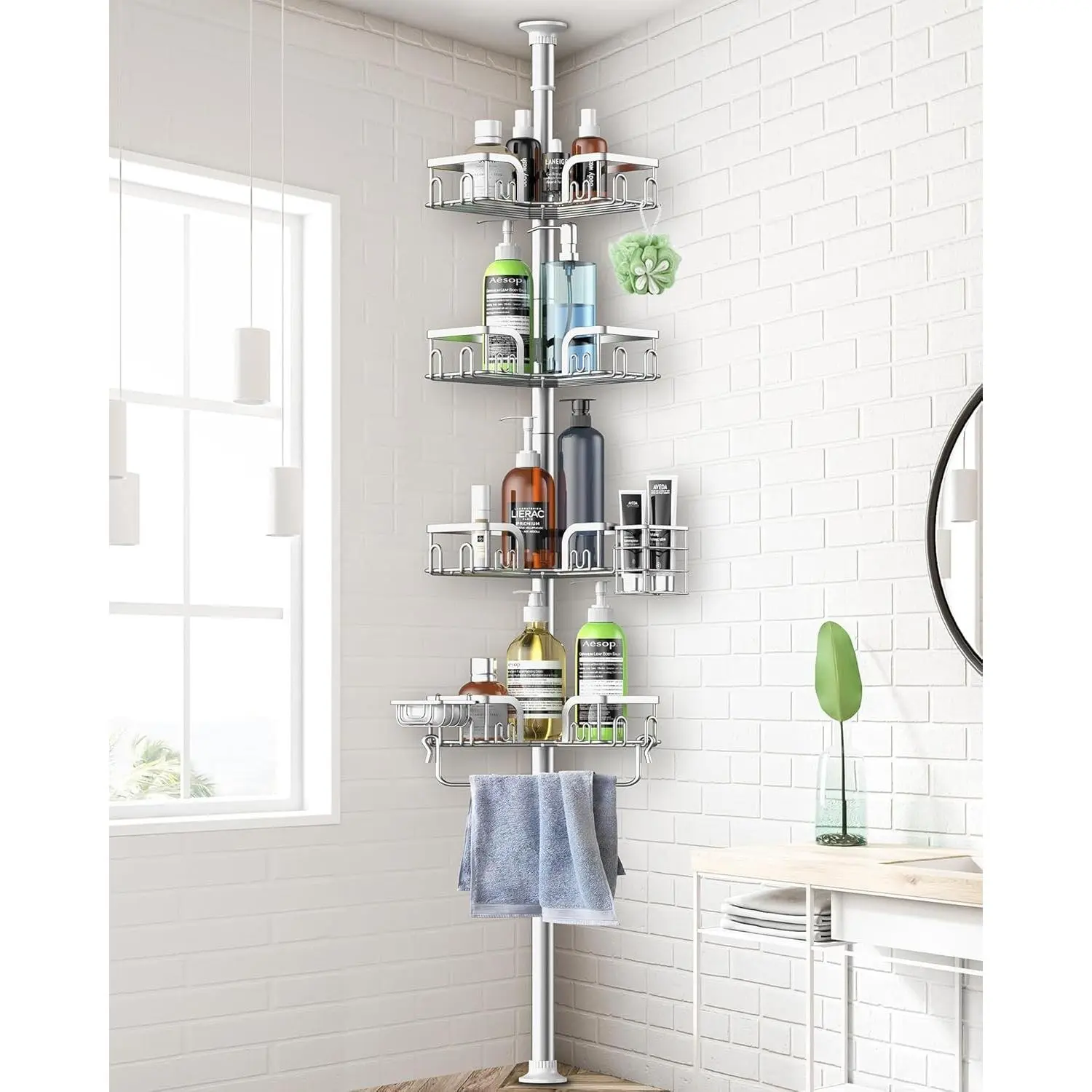 Corner Shower Caddy Tension Pole 4 Tier Adjustable Stainless Steel Shower Shelf for Inside Shower Bathtub Shampoo,Standing Bathroom Organizer Shelves with 39 to 113 inch Height