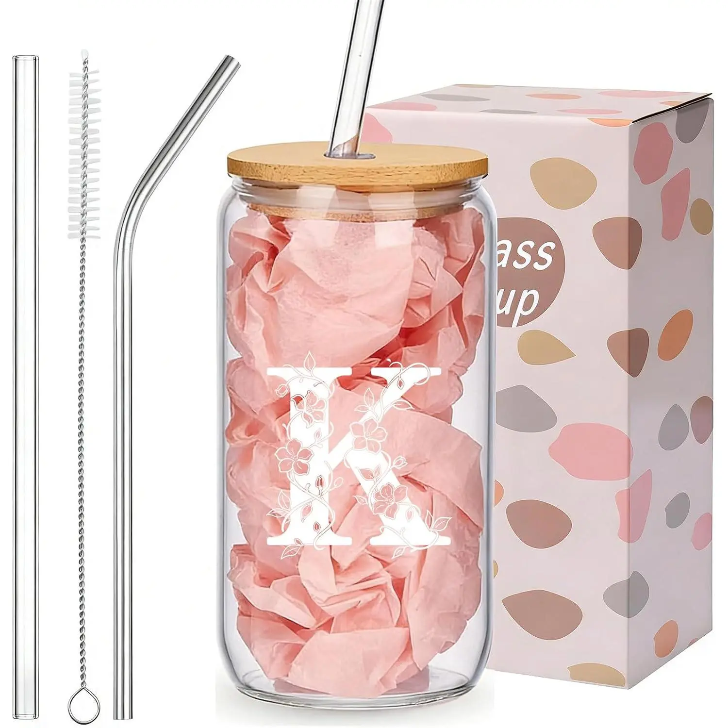 Personalized Gifts for Women, Monogrammed Glass Cups with  and Straws, Customized Gifts for Women, Cute Design Initial Iced Coffee glasses, Custom Letter Mug, Birthday Bridesmaid,K