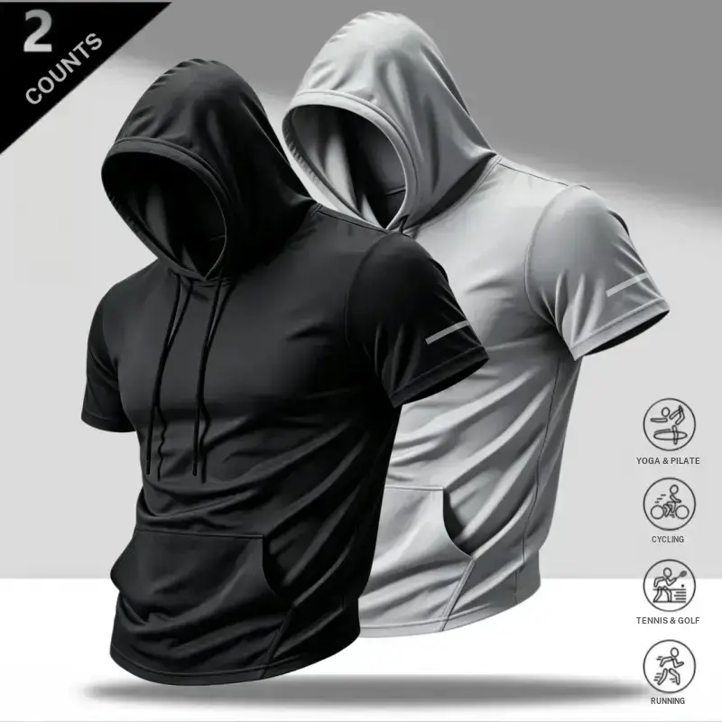 Men’s quick dry short sleeve hoodie — ice silk breathable tee with reflective stripes, kangaroo pocket, drawstring hood; American minimalist gym top for running, cycling, tennis, golf, yoga, and daily commuting