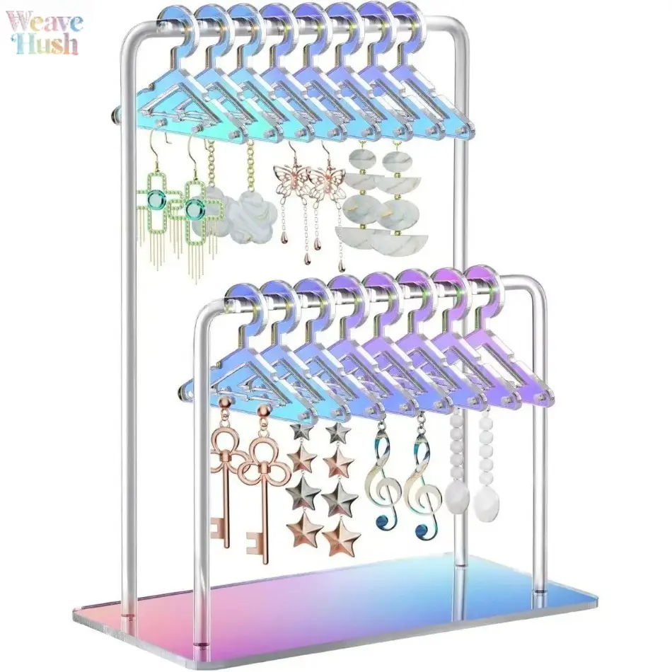 Novelty Wooden Earring Holder with Mini Hangers, Wall-Mount Double Transparent Acrylic Rectangular Open Rack, Decorative Personalized Jewelry Storage Organizer for Earrings