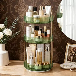 360-degree rotating cosmetic storage rack, three-layer rotating perfume organizer for bedroom, kitchen, living room, and bathroom countertops, large-capacity makeup and skincare vanity rack