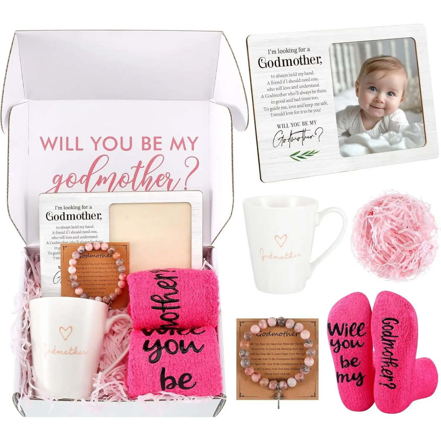 Potchen 6 Pcs Godmother Proposal Gift Will You Be My Godmother from Godchild God Mother Gift Basket Set Include Picture Frame Coffee Mug Bracelet Card Socks for Godmom Christmas Birthday Gifts