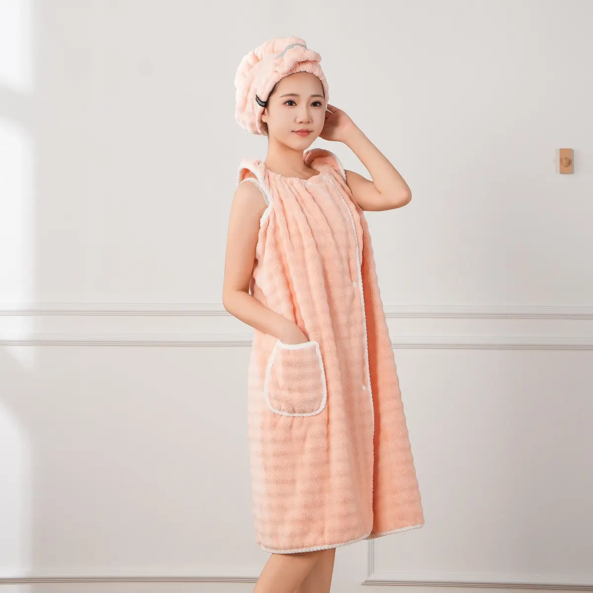 Wearable Fluffy Bubble Fleece Bath Towel Set for Women, Absorbent Quick-Dry Bathrobe and Cap, Reusable Home Use, Large Size