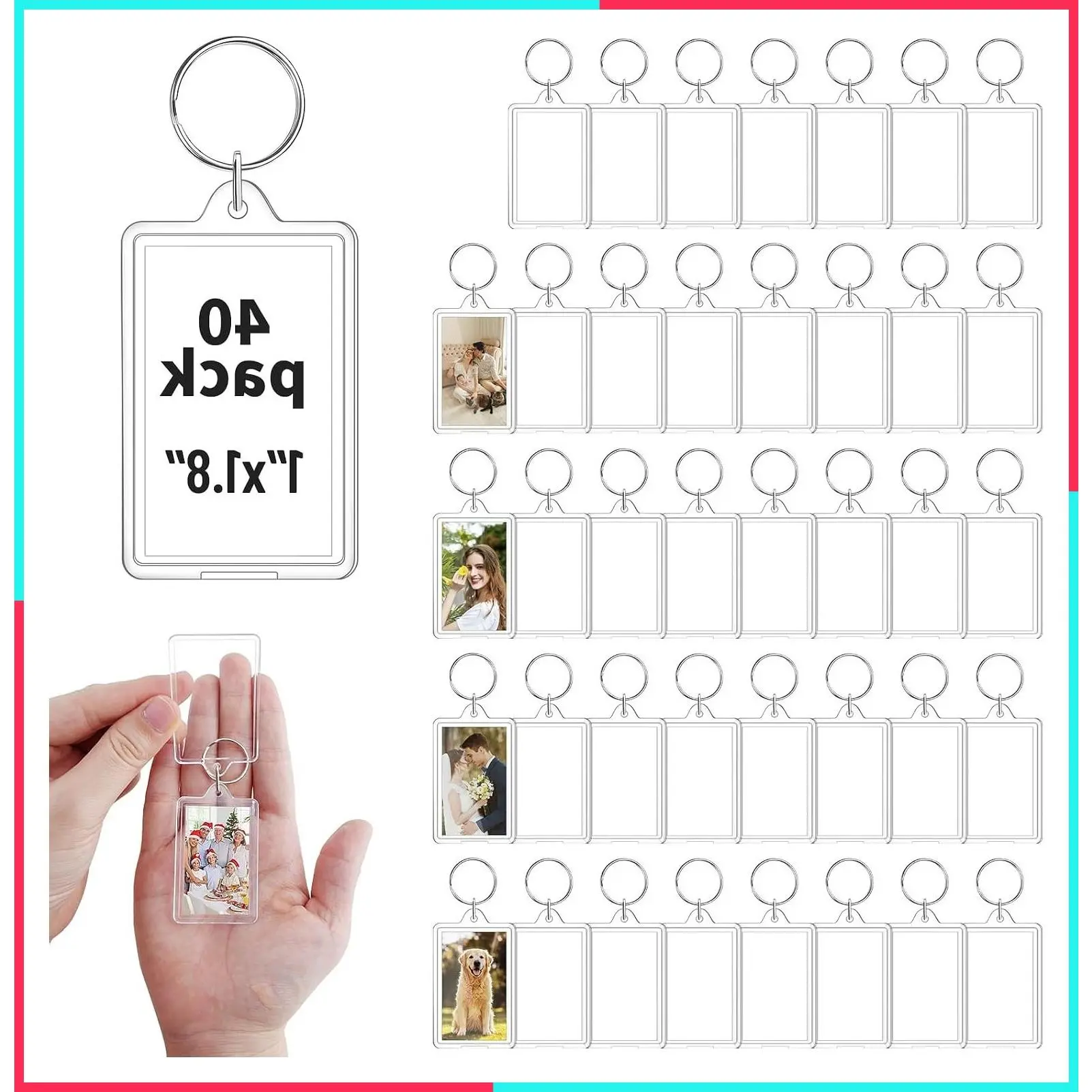 40 Pcs Acrylic Photo Keychain Bulk, Clear Keyrings for 1.8"x1.1" Pictures, Shatterproof Keychains with Split Rings, DIY Custom Keyring Frames for Gifts, Parties & Crafts