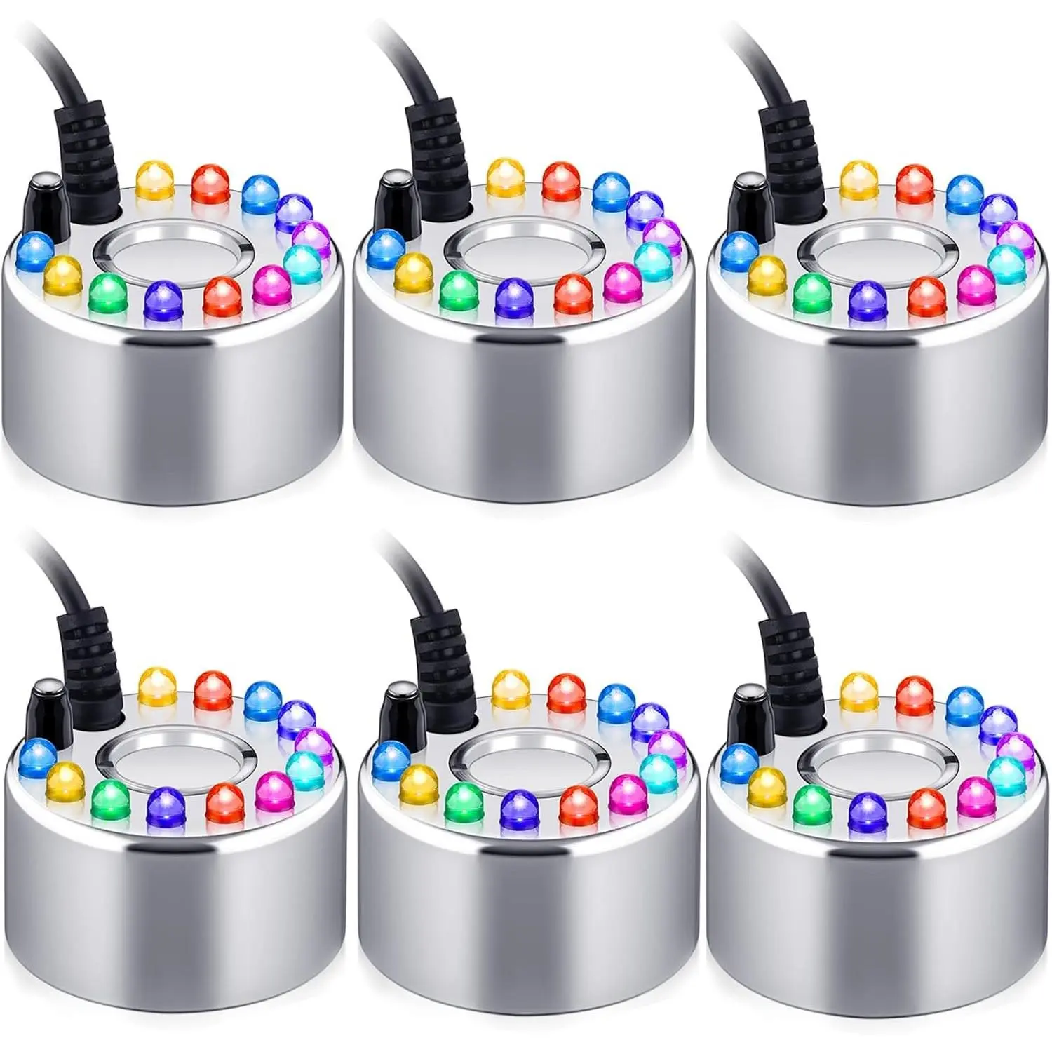 6 Pcs Halloween Mist Maker Ultrasonic Fogger Water Fountain Pond Fog Machine Color Change LED Mister Indoor Fountain Foggers for Home Room Office Outdoor Holiday (Silver, Alloy)