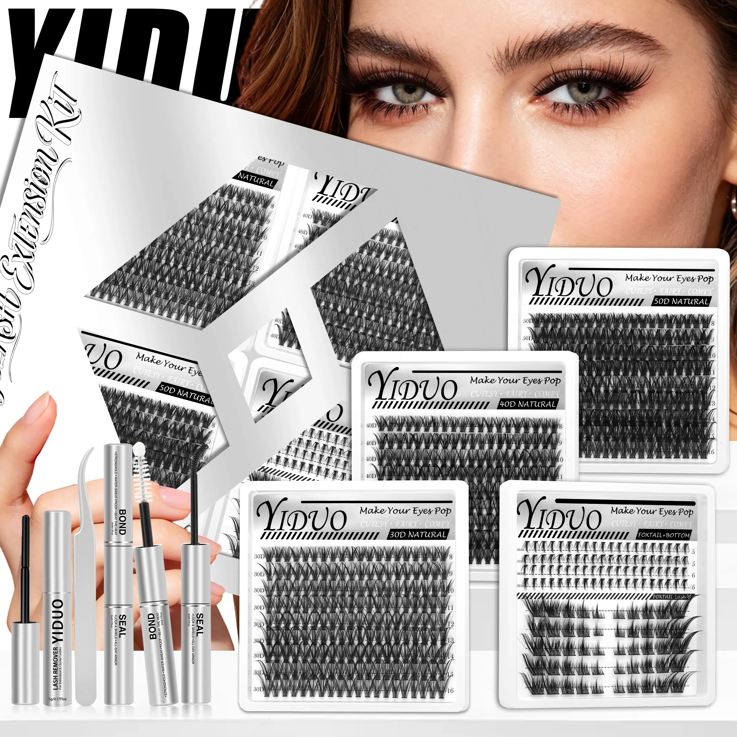 YIDUO 670PCS So Natural Foxtail & Bottom Lash Cluster Set – 3 Densities (30D/40D/50D), 5–16mm D-Curve with Underlash. Complete with Bond, Seal, Remover & Tweezers – Lightweight, Wispy & Perfect for Daily Wear.