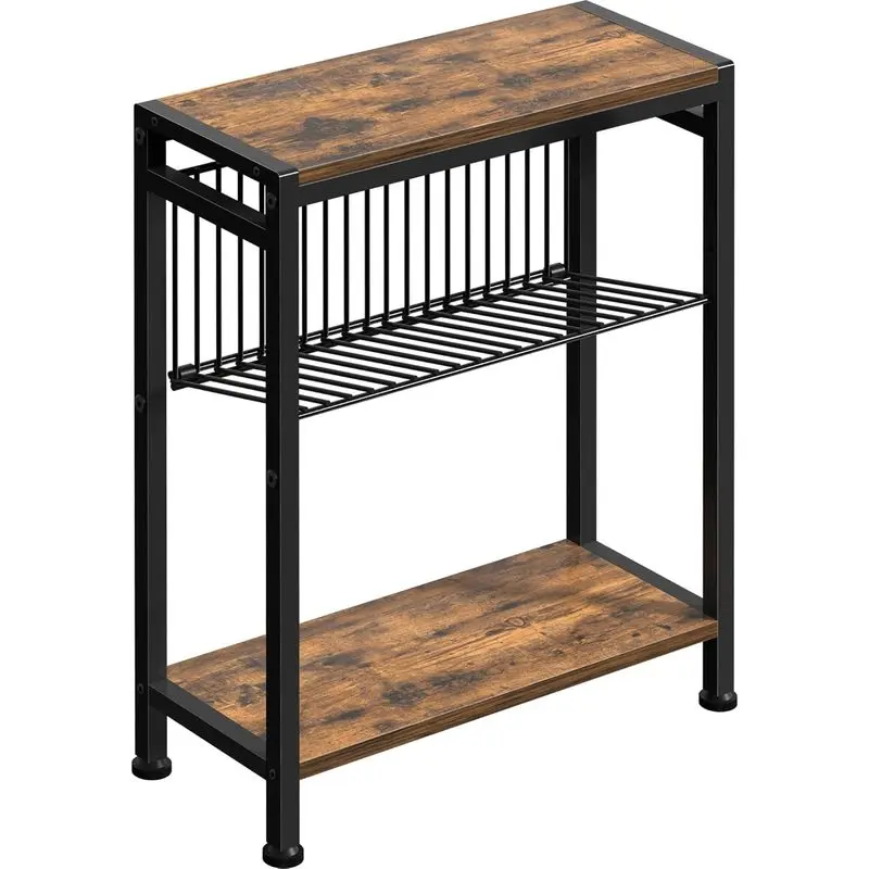Small Side Table for Small Space, 3-Tier Narrow End Table with Magazine Holder, Slim Nightstand, Skinny Snack Couch Table in Living Room, Bedroom Study and Balcony (Rustic Brown & Black)