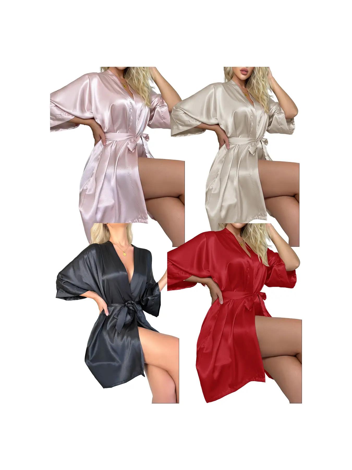 Women's Solid Belted Satin Robe, Chic Elegant Fit 3/4 Sleeve Open Front Night Robes for Bridal Party, Bridesmaid Robes, Women's Wrap Sleepwear & Loungewear, Nightwear