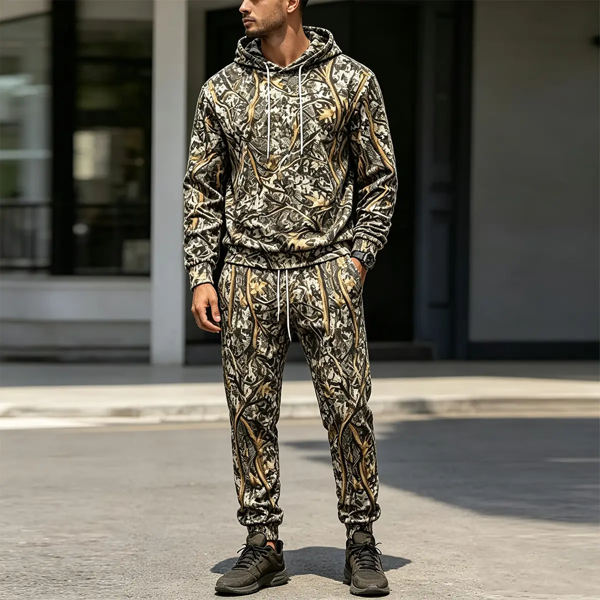 Men's 2-Piece Tree Camouflage Print Tracksuit Set - Drawstring Hooded Long-Sleeve Sweatshirt & Jogger Pants, Fitted Cut Sport Casual Outdoor Wear