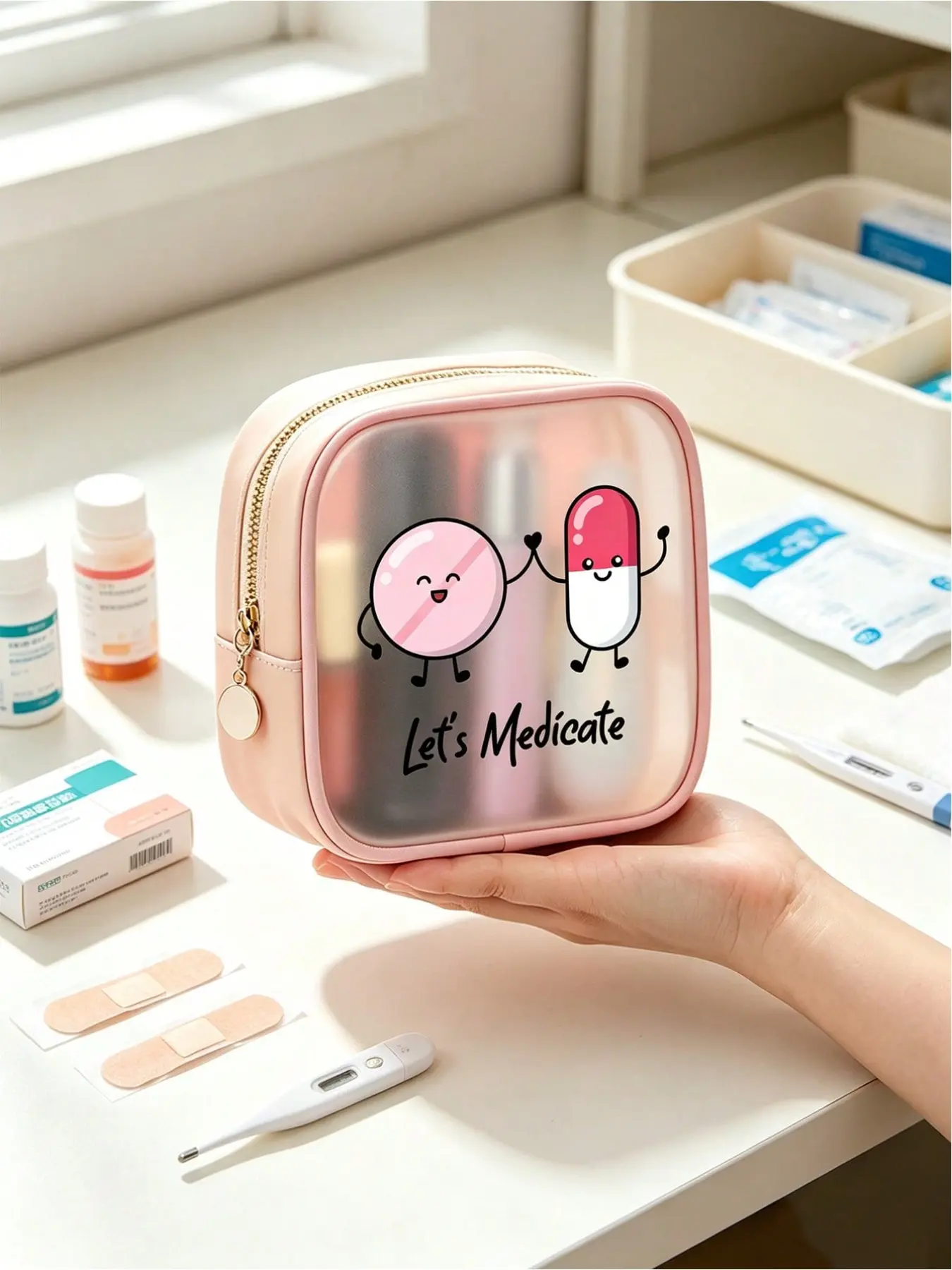 Transparent small medical bag with cute pill print, for school cute transparent medical bag, backpack makeup bag waterproof square zipper bag, pencil case, medicine bag, lipstick packaging bag makeup bag