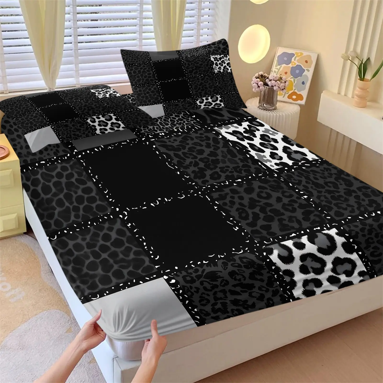 Black White Grey Animal Patch Fitted Sheet Set, 1 Fitted Sheet + 2 Pillowcases - 3 Piece, Soft Microfiber Deep Pocket Design All Season, Street Urban Bedroom Decoration, Gift for Leopard Print Decor Fans