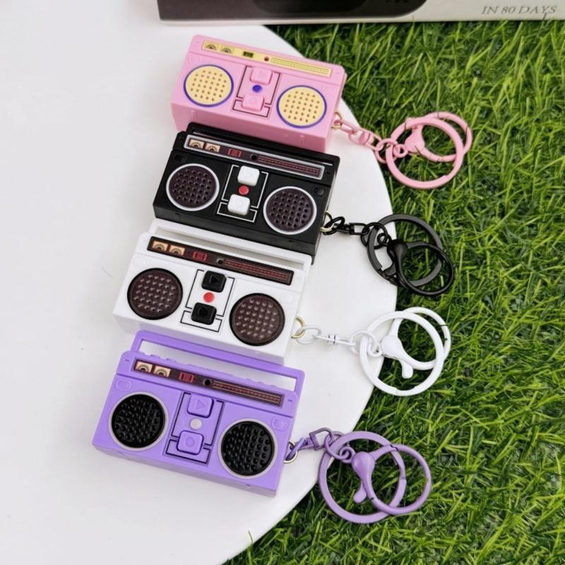 2 Pcs Nostalgic Mini Radio Recorder Keychain Set, Vintage-Inspired Funny Bag Ornaments with Retro Design, Stretchy Scrunchie Lanyard  Retractable Heart Clip for Daily Use  Gift Ideas Teacher Appreciation Makeup Pouch and Bracelets TikTokShopBlackFriday