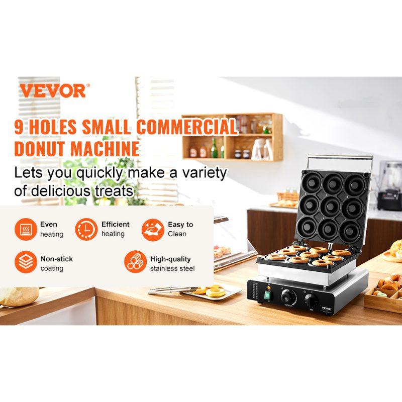 VEVOR Electric Donut Maker, 2000W Commercial Doughnut Machine with Non-stick Surface, 9 Holes Double-Sided Heating Waffle Machine Makes 9 Doughnuts, Temperature 122-572, for Restaurant and Home Use