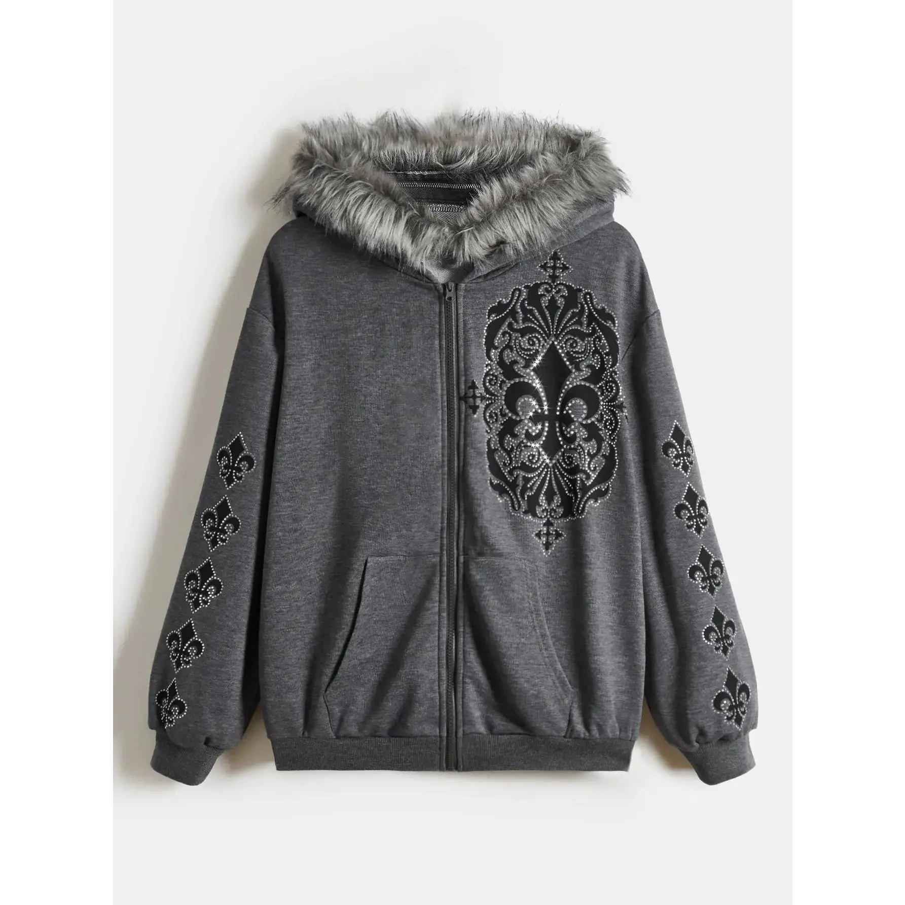 2026 Women's Zip Up Hoodies Graphic Contrast Faux Fur Long Sleeve Sweatshirt Jacket with Pockets