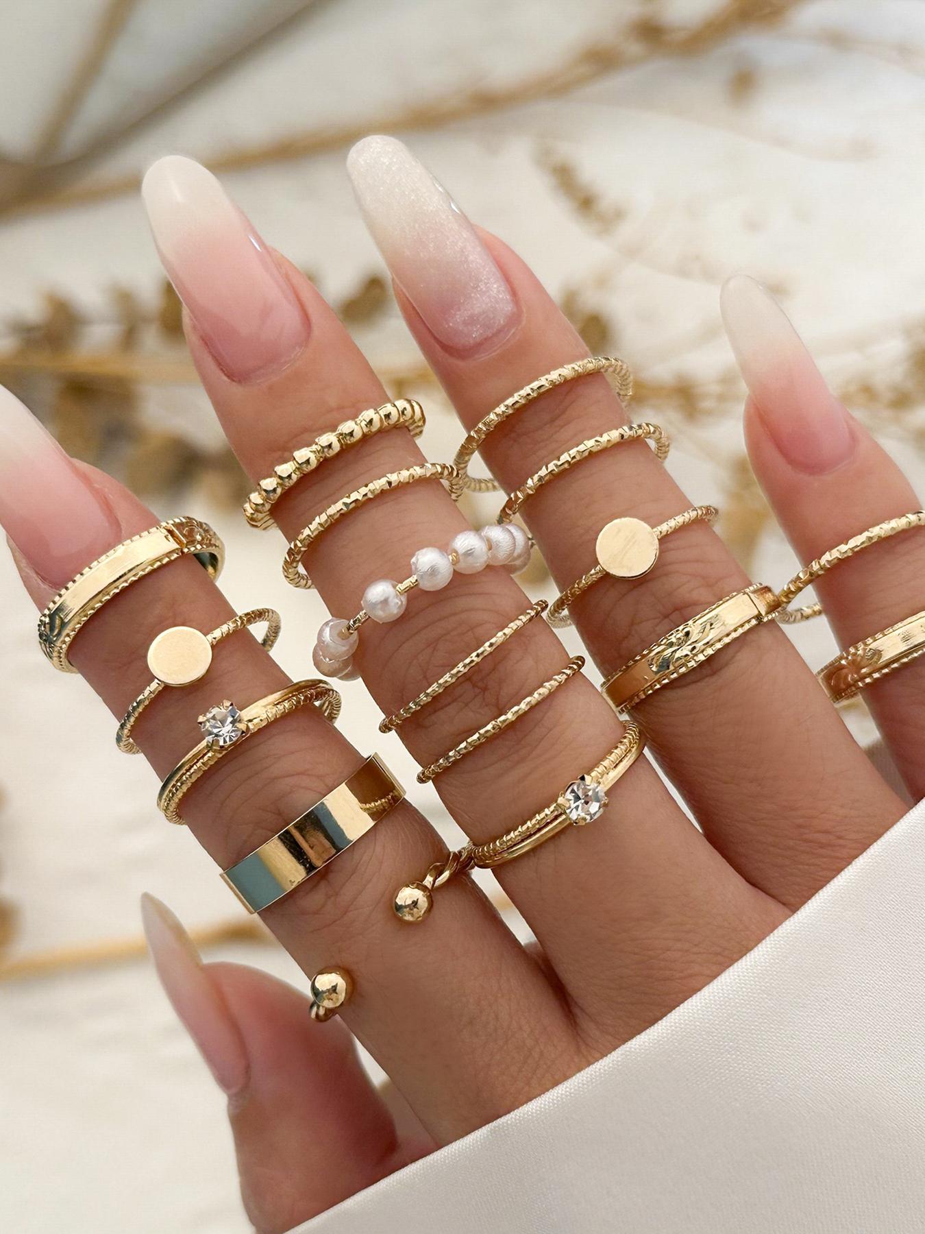 Women's 16pcs Faux Pearls Decor Rings, Rhinestone Embellish Ring Set