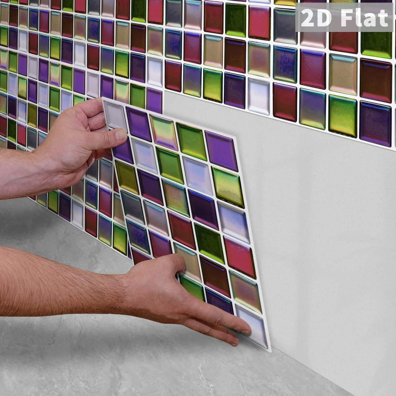 10PCS GST Rainbow Iridescent Multi Shades Gloss Mixed Square PE Foam Mosaic Stickers, Shockproof Wear Resistant Self Adhesive Wall Tiles for Home & Commercial Renovation