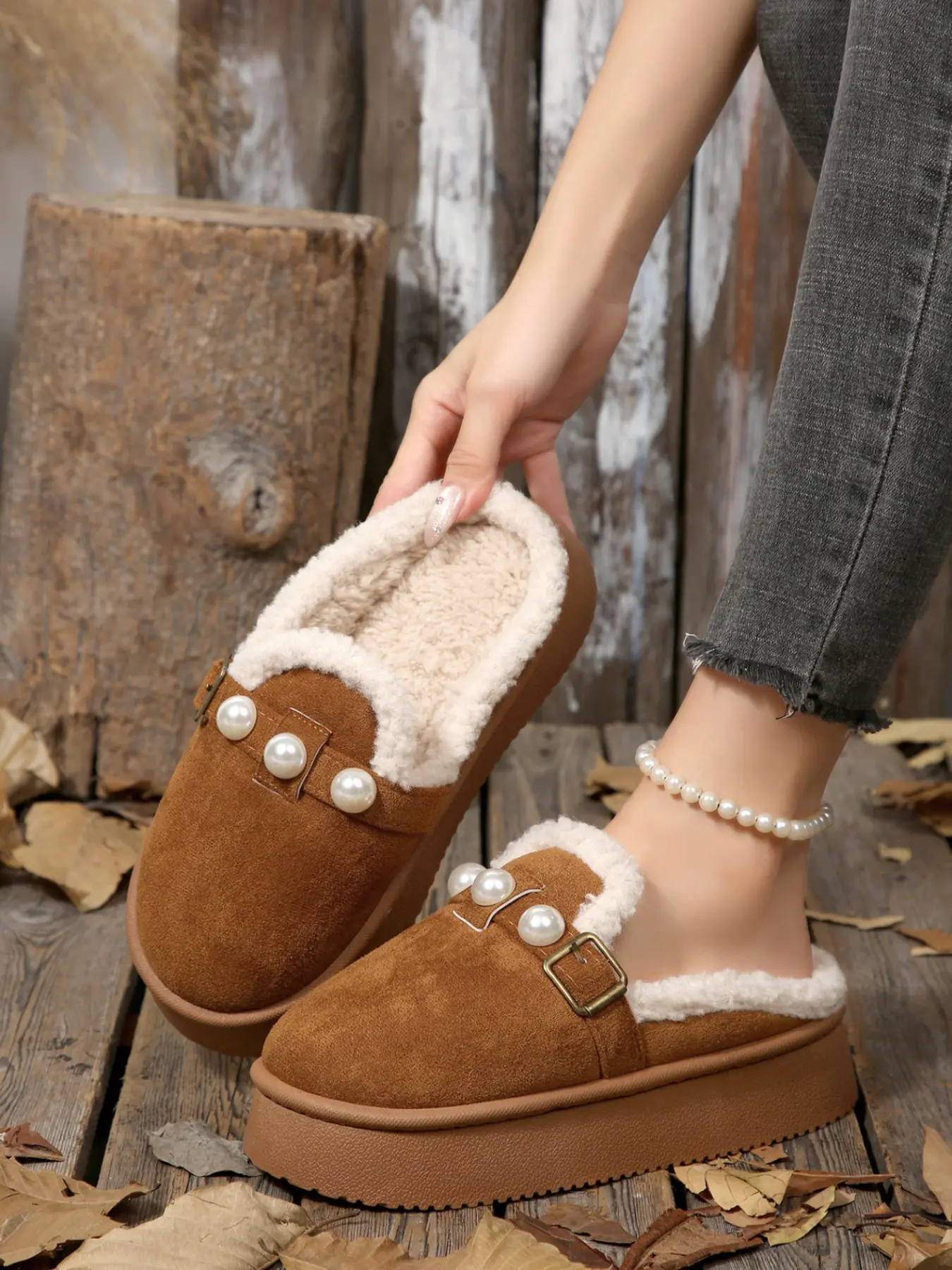 Pearl Buckle Thick Sole Half Sandal Women Winter Warm Cotton Slip-On, Velvet Finish, Cute Style, Rubber Sole, Less Than Ankle Height