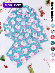 【Christmas】Women's Winter Sleepwear Set, Cute Pajama Sets, Gingerbread Man Reindeer Poinsettia Print, Long Sleeve Top & Elastic Pants, Festive Party