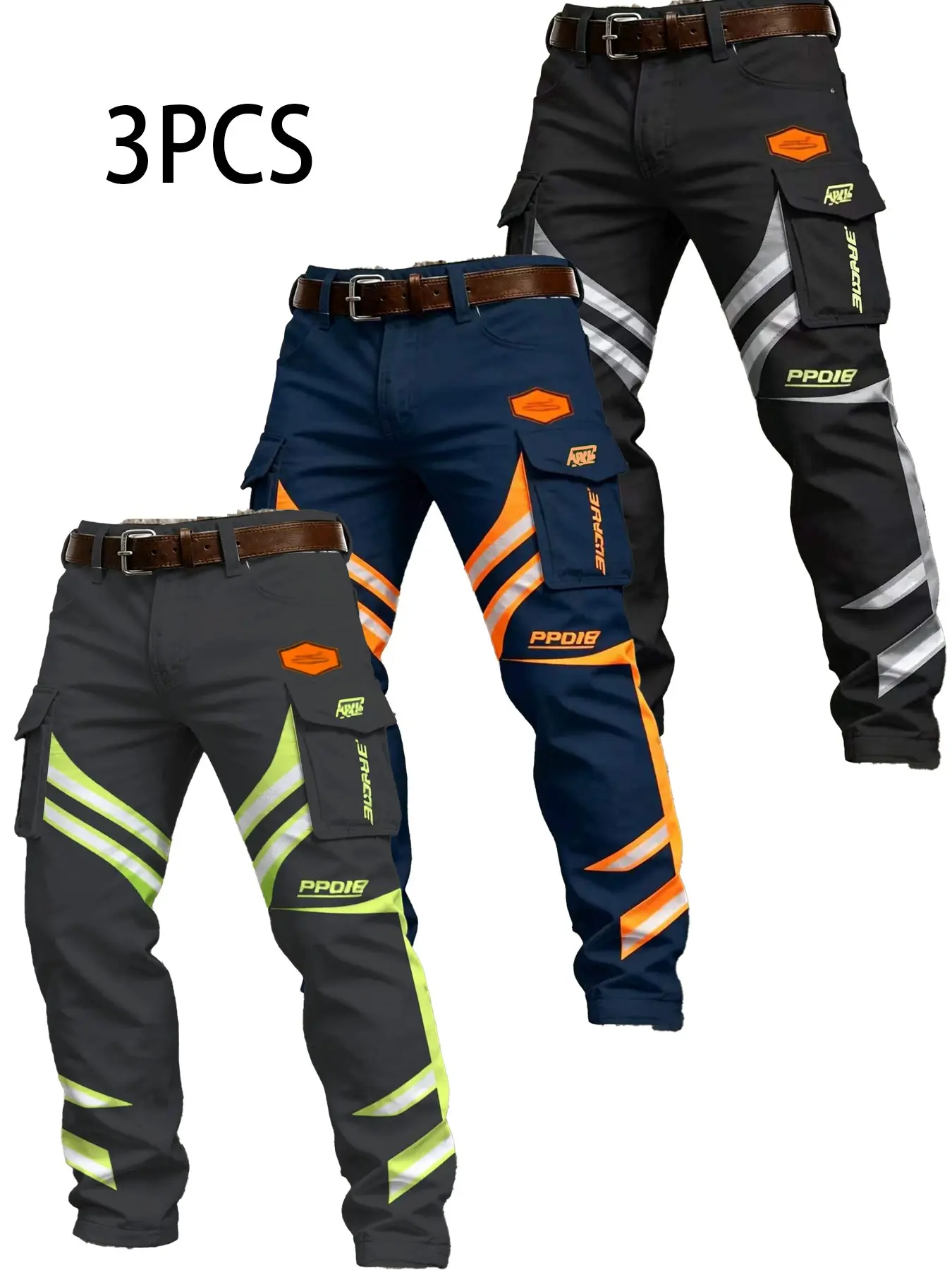 Men's Safety Style 3-Piece Printed Work Pants, Striped Design, Durable Fabric, Multiple Pockets, Loose Straight Fit, Various Sizes Available, Trouser