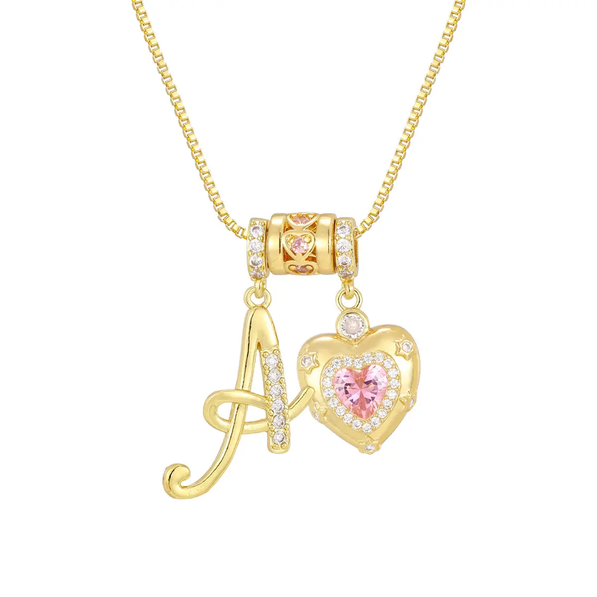 14K Gold Plated Trendy A-Z Letter Pendant Necklaces Dainty Monogram Name Necklace Personalized Initial Pink Heart Cubic Zirconia 3-in-1 Pendant Necklaces Festivals, Birthdays, and Special Occasions Party Jewelry