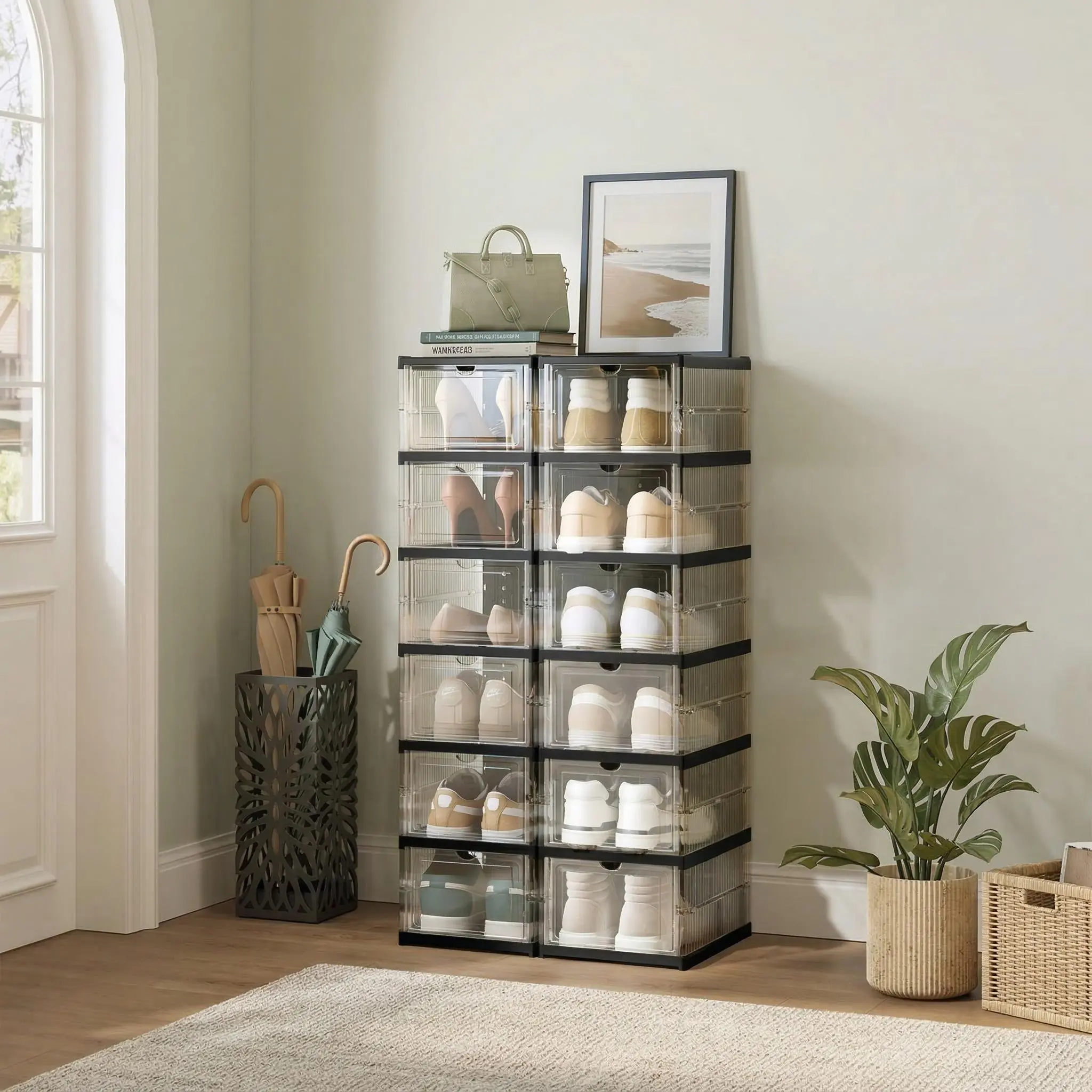 Clear Collapsible Plastic Shoe Storage Boxes, Stackable Foldable Shoe Organizer Bins with Lid, Installation-Free Dustproof 6-Tier Shoe Rack Storage Containers
