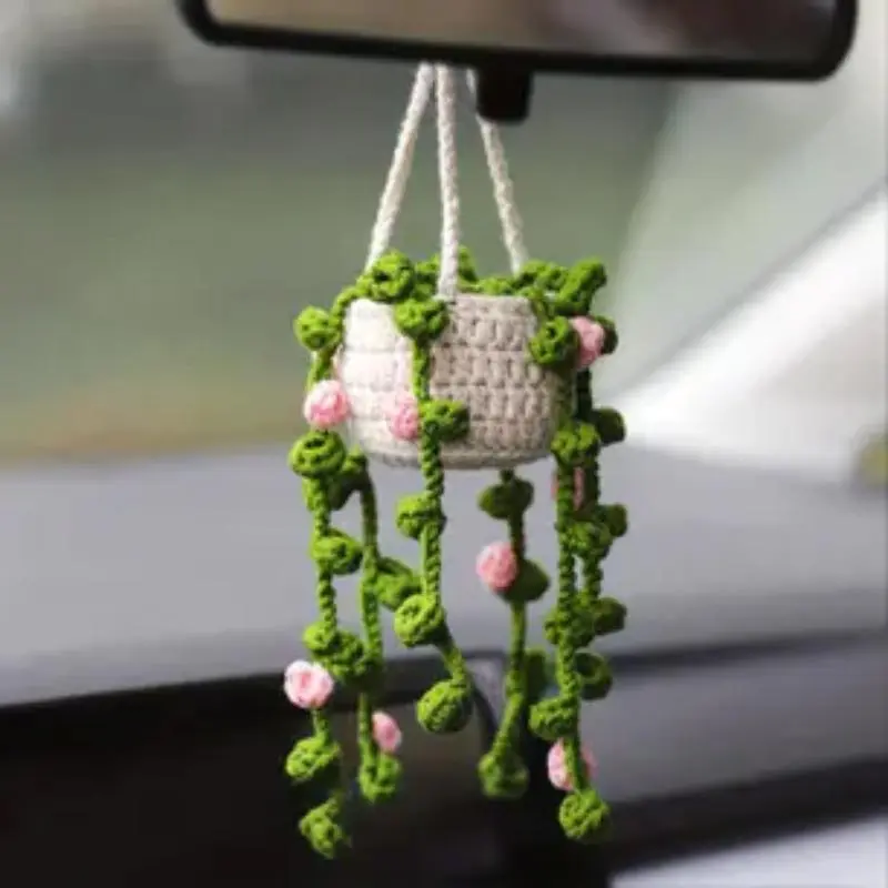Cute Plant Crochet Ornament, Car Rear View Mirror Hanging Decoration, Hanging Crochet Bonsai, Universal Car Decor, Car Interior Accessories