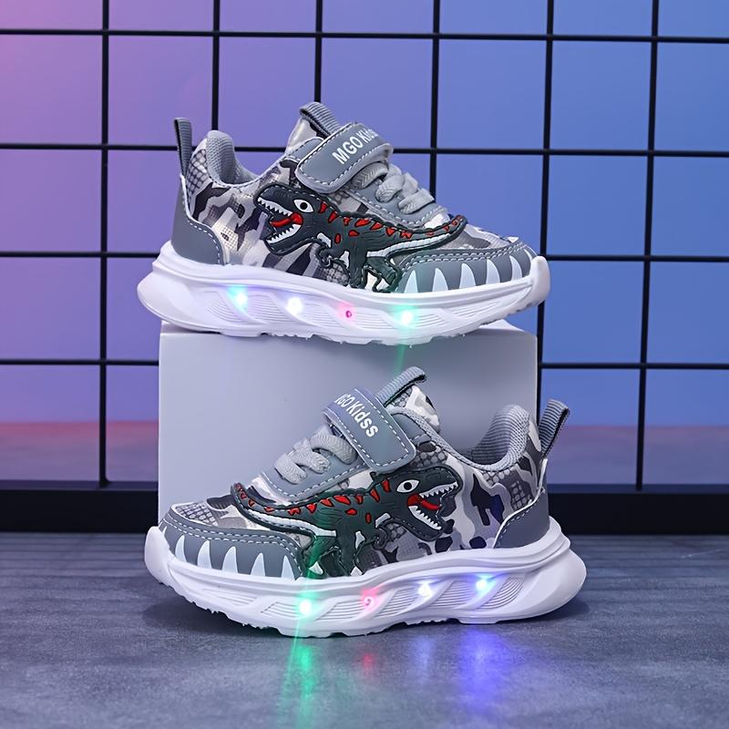Youngsters' LED Dinosaur Sneakers - Boys' Glow-in-the-Dark T-Rex Sneakers with Flashing Lights, Camouflage & Solid Patterns, Hook-and-loop Fastener Closure, Ages 1-6, Perfect for Casual Play,  Dinosaur Themed Shoes |         Durab High Top Kid