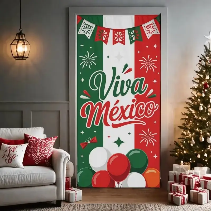 2D Flat Banner Door Cover, Independence Day Banner, Viva Mexico Design, Stars and Balloons, Home Garden Event Decor, No Power Needed