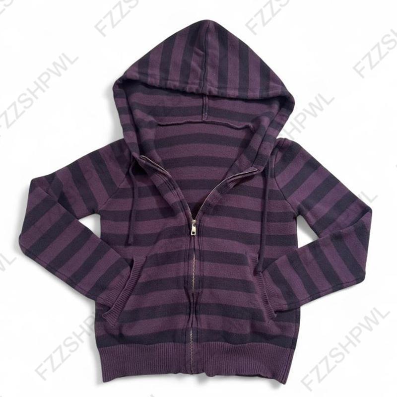 Harajuku Vintage Y2K Women's Hoodie Sexy Slim Fit Chic Casual Striped Cardigan Sweatshirt Grunge Punk Hip Hop Female Streetwear