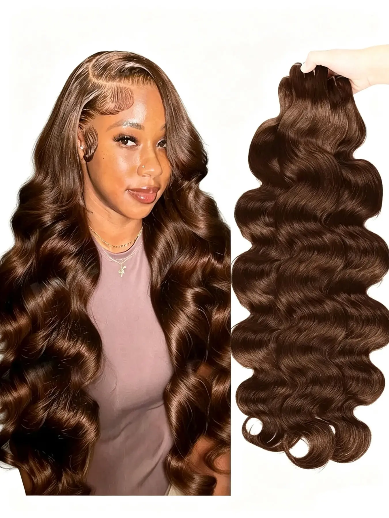 Chocolate Color Hair Bundles, Wavy Real Human Hair Extensions, 1 Bundle or 3 Bundles or 4 Bundles, Quick Wave Sew-In Hair Bundles