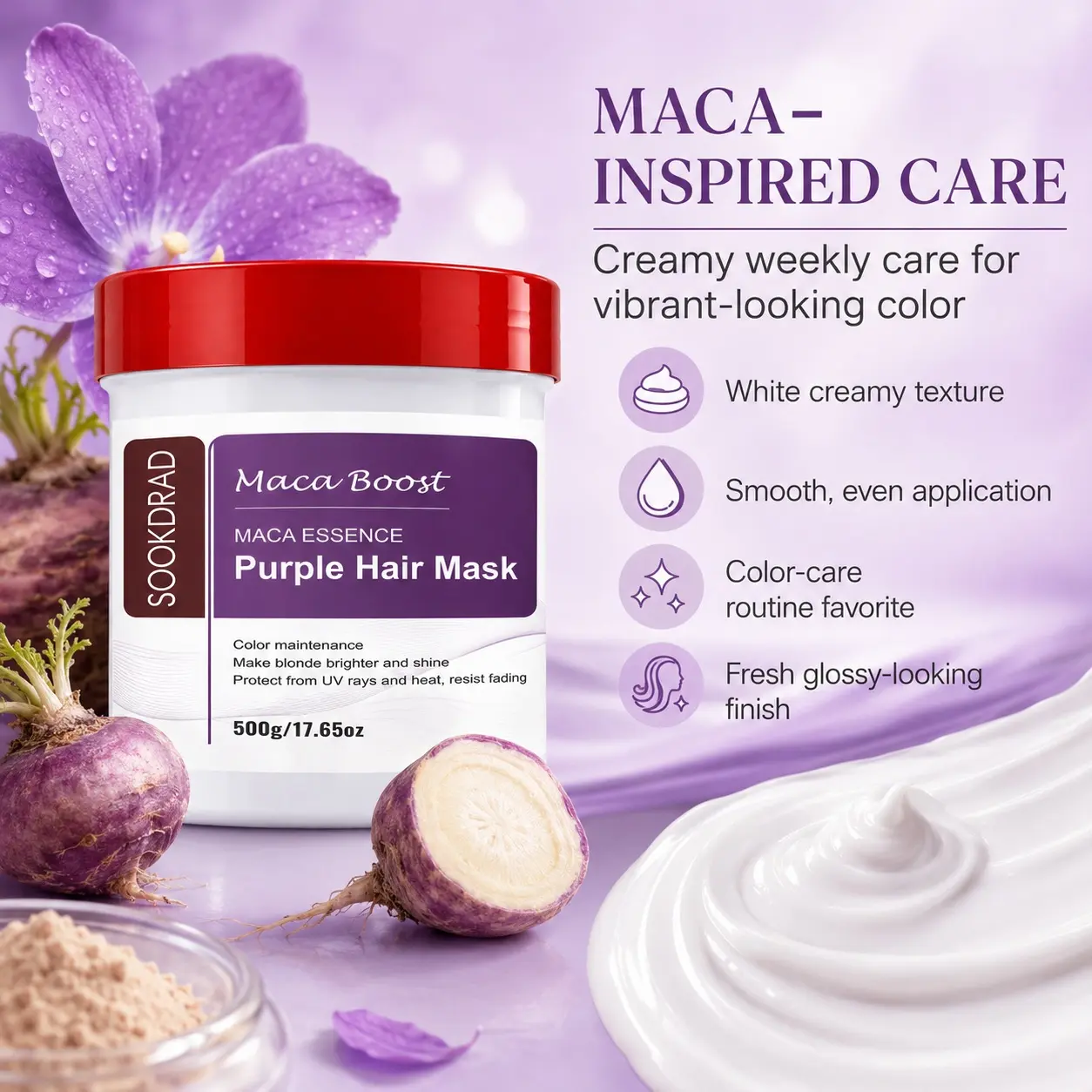Purple Hair Mask, Maca Essence, Maca Boost, Color maintenance, Brighten blonde, Add shine, UV protection, Heat protection, Fade resistant, 500g/17.65oz
