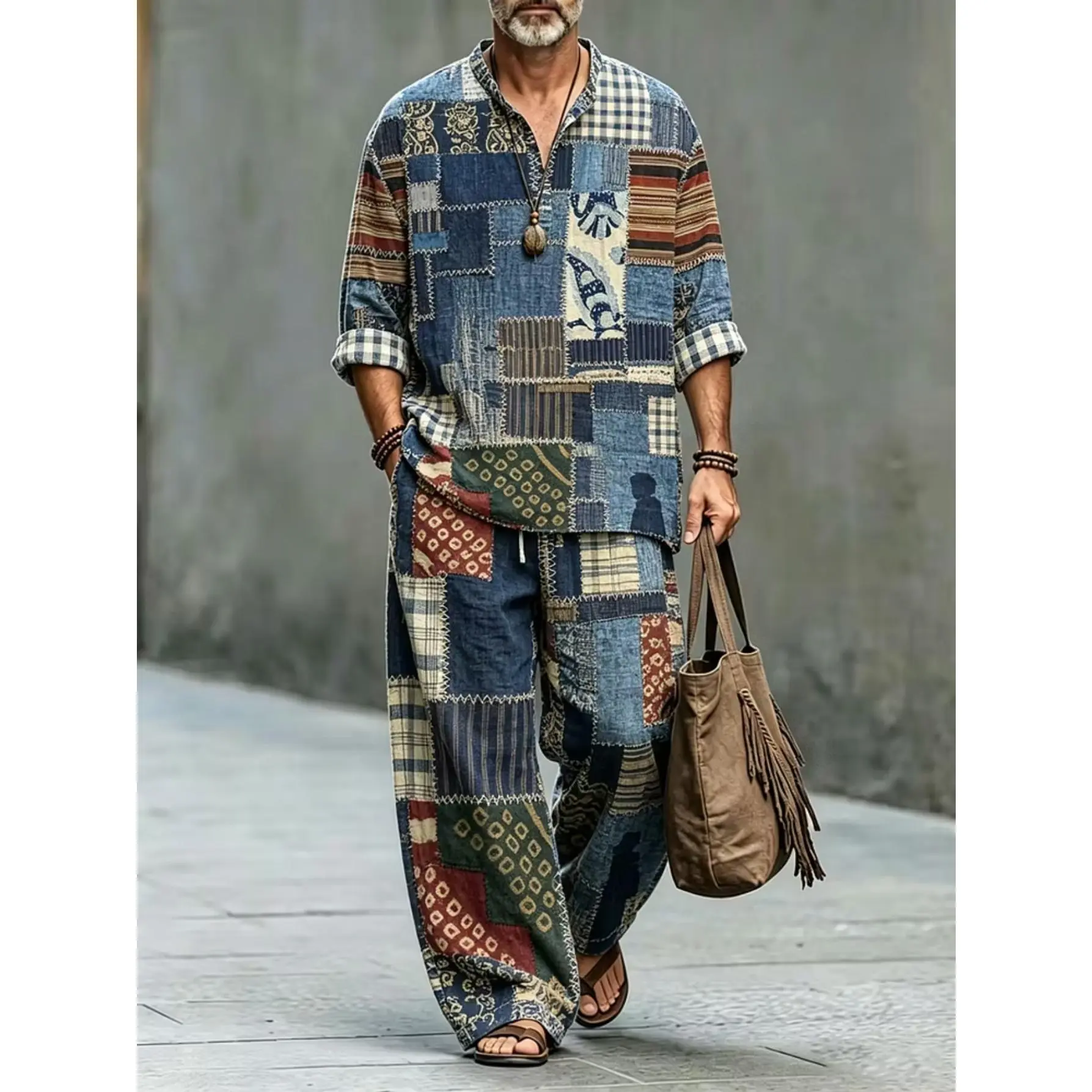 Men's Vintage Patchwork Print 2 Piece Outfit, Stand Collar Half Button Shirt & Drawstring Wide Leg Pants Set, Casual Loose Boho Vacation Matching Suit Clothes Menswear